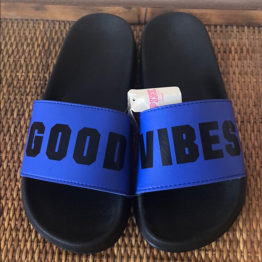 NWT PINK Good Vibes beach slides Blue